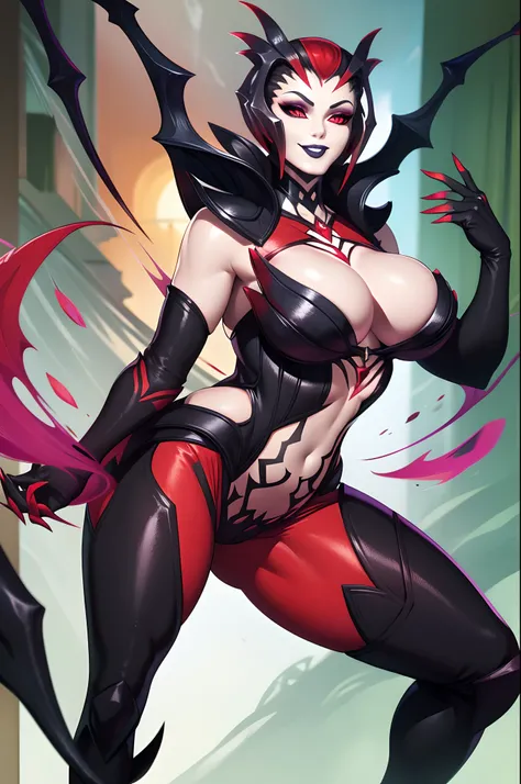 masterpiece, best quality, 1girl, elise, spidergirl, red eyes, large breasts, cleavage, black lips, makeup, eyeshadow, black eyeliner, smile, monster girl, full body, smile, possing, levitating,feets