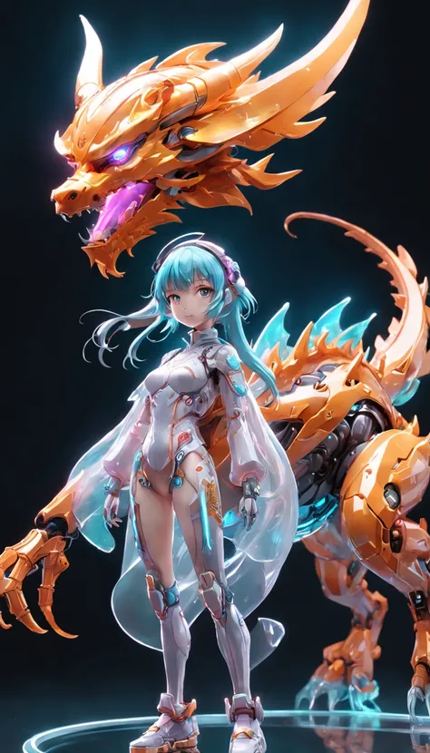 chinesedragon, (Blind box toy style:1.2), (Full body shot) , 1 Transparent girl,Behind him is a transparent Chinese dragon, Transparent mech, Exquisite helmet:1.2, Luminous goggles:1.2, Cyberpunk, dreamy glow, luminous neon lights, Clean, White background,...