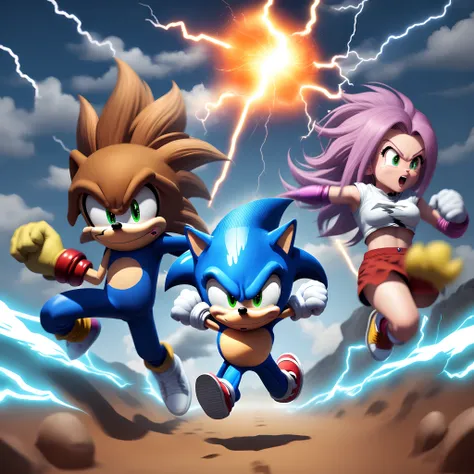 Imagine dragon ball characters running Sonic style with footprints and lightning bolts behind them