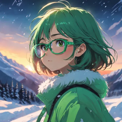 retrato, Chica con gafas de sol verdes en la obra maestra de la nieve, La mejor calidad, Movie Still, 1girl, Chica de las nubes, Flotando en el cielo, primer plano, brillante, feliz, warm and soft lighting, puesta del sol, (Chispas:0.7)