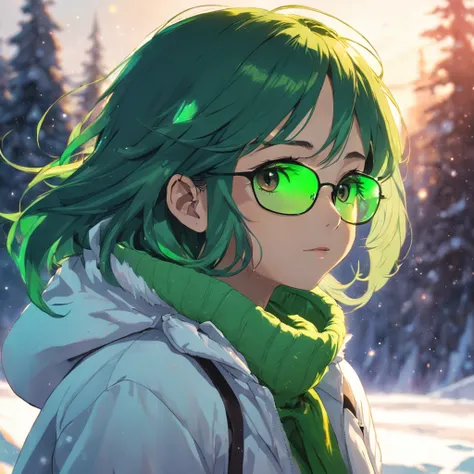 retrato, Chica con gafas de sol verdes en la obra maestra de la nieve, La mejor calidad, Movie Still, 1girl, Chica de las nubes, Flotando en el cielo, primer plano, brillante, feliz, warm and soft lighting, puesta del sol, (Chispas:0.7)