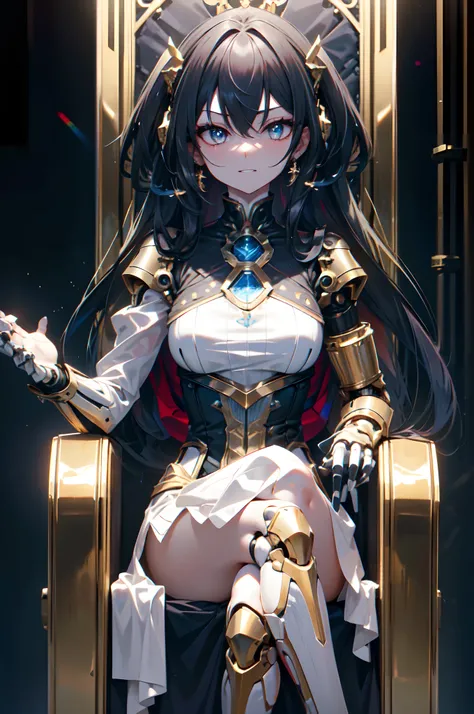 machine skin girl, black long hair, (beatiful detailed eyes), (Exposure of the bodys internal machinery:1.3), (Mechanical joints, machanical limbs), (five fingers, 4fingers and 1thumb), sitting, crossed_legs, smirk, (throne), sexy long dress, Masterpiece, ...