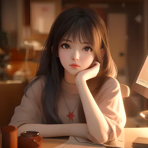 Anime girl sitting at desk，Holding a computer and a cup of coffee, Realistic anime 3 D style, anime big breast. Soft lighting, 3 d anime realistic, Smooth anime CG art, Soft portrait shot 8 K, Realistic young anime girl, Cute anime girl, anime realism styl...