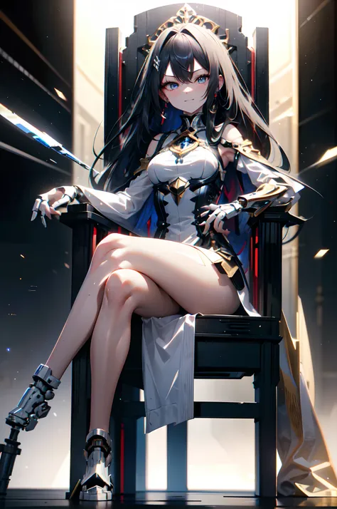 machine skin girl, black long hair, (beatiful detailed eyes), (Exposure of the bodys internal machinery:1.3), (Mechanical joints, machanical limbs), (five fingers, 4fingers and 1thumb), sitting, crossed_legs, smirk, (throne), sexy long dress, Masterpiece, ...