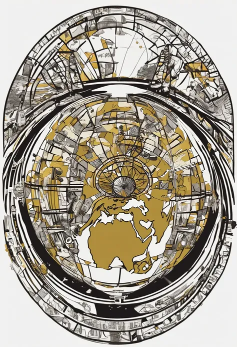 Planeta Tierra, en una sola esfera, with real information from the continents, Imagen dibujada, en 2 colores, Oro y negro, para uso de logotipo, sin fondo, solo el planeta, con iluminacion desde atras