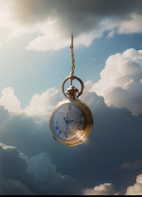 Make a small pocket watch being thrown in the middle of the clouds