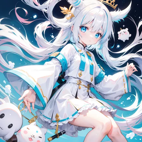 Milky long-haired milk，White clothes，Hu Hu is a very cute face，This is a cute sweet girl，Cyan eyes，bit girl，Poor milk，White color hair