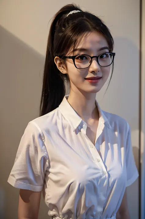 Beautuful Women、High ponytail、Full body like、White shirt、short- sleeved、Wear glasses、sensual seduction、Hot figure、Seductive eyes、Movie light、8K quality、Tall and tall、perspire、Full breasts、A sweet smile，（（（parks，fresh flowers，lakes：1.6）））,