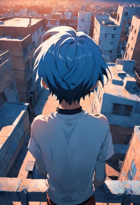 From behind we see a 15-year-old boy, Long blue hair from splendid to the camera standing Shirtless 15-year-old boy looks at a city fence from the top of the school roof Sadly pensive, su cabello es de color azul, lo vemos desde la espalda