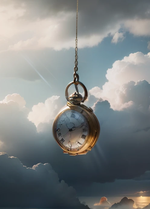 Make a small pocket watch being tossed in the middle of the dark and stormy clouds