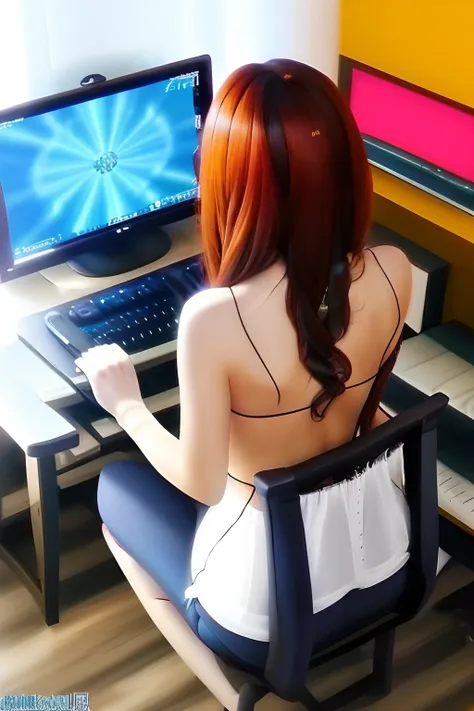 1girll,playgame,From behind,keyboards,Large display,backless，playing game