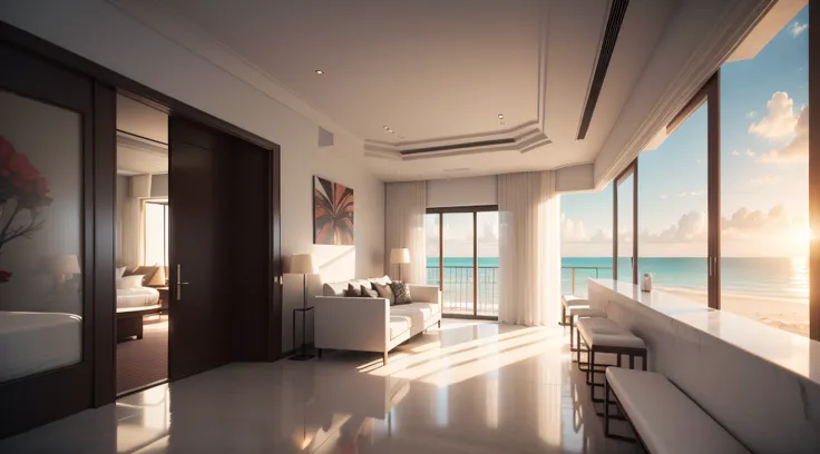 hyper realistic vray render, interior and wide angle view, a contemporary luxury modern hotel made of white concrete, inspired by frank lloyd wright, sandy beaches with palm trees