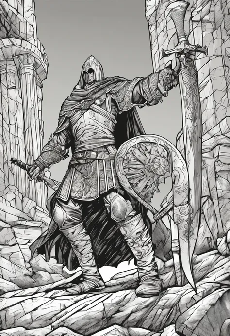 Obra prima, melho qualidade, arte para colorir, Barbaro medieval, Musculoso, Cabelos compridos, Berserk, segurando uma espada super detalhada, cabo da espada com muitos detalhes, armadura detalhada, guerreiro de corpo inteiro, walking towards a dungeon