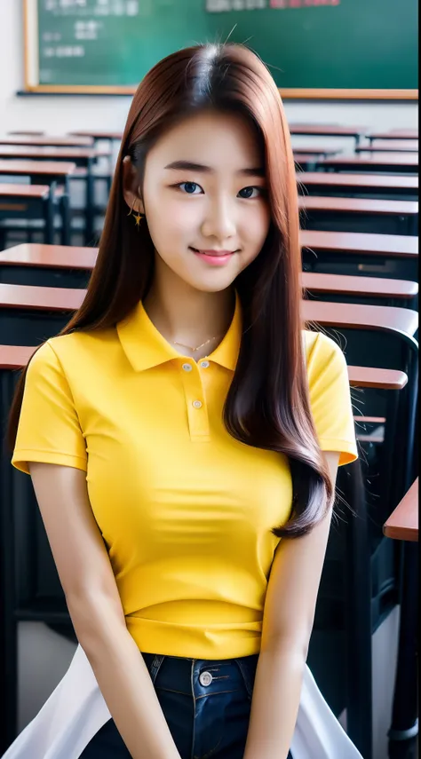 realistic photos of (1 cute Korean star) straight hair, white skin, thin makeup, 32 inch breasts size, slightly smile, yellow polo shirt, in the classroom, fisheye, depth of field, Color Field painting, retina