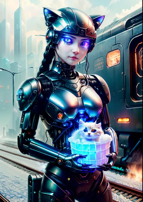 metal cute kitten、((cyborgs))、cyberpunk style、holding a basket woven from reeds,,,,(sale of ice cream)、train background、((intric...