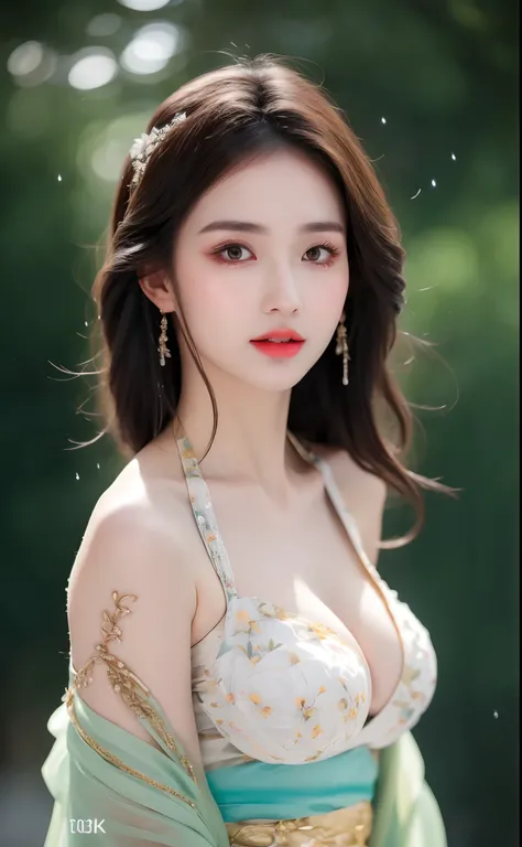 ((Best Quality, 8k, Masterpiece: 1.3)), Focus: 1.2, Perfect Body Beauty: 1.4, Buttocks: 1.2, ((Layered Haircut)), (Wet Clothes: 1.1), (Rain, Street:1.3), (Breasts: 1.2), (Hanfu: 1.2), Bare Shoulders, Bare Legs, Highly Detailed Face and Skin Texture, Fine E...