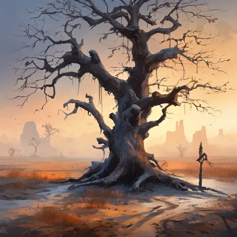 Two crows on a dead tree, A shadow shaped like a walker, Starry night, Thick fog on the ground, Blue light on the horizon, Unreal Engine 5, Cinematic, low angle photography, Motion blur, Depth of field, Dust, Cobblestones and dirt. Splash Art, dripping pai...