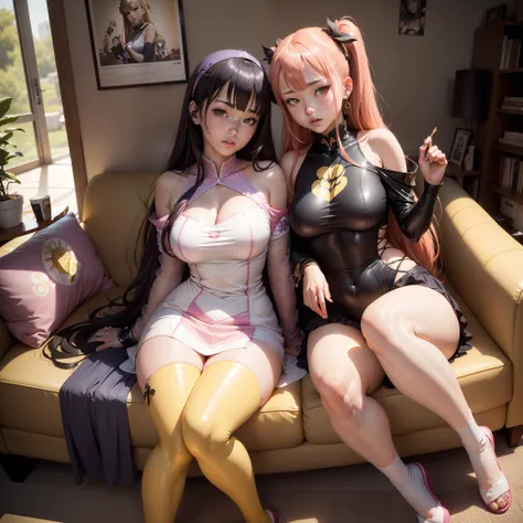 There are two women sitting on the sofa，There are bananas on the floor, Range Murata and Artgerm, WLOP and Sakimichan, cosplay foto, full-cosplay, Anime cosplay, cosplay, Bananas, Anime girls, two beautiful anime girls, anime”, SFW version, ayami kojima an...