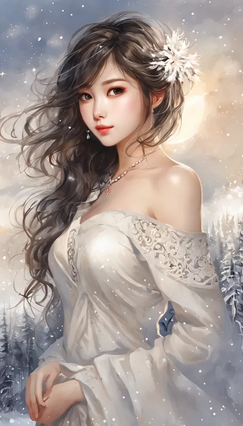 ((looking back)), (((full body))), ((realistic)), ((from behind, from below)), ((off shoulder clothes)), Beautiful young girl, Beautiful Korean model, cabellos largos dorados, curlies, By bangs, (slender leg), (cold light, the night, starrysky), (at winter...