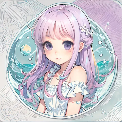 Sticker, Cute anime girl head, Long pink hair,Light blue-purple eyes，dream，White dress，White dress，It is surrounded by the element of water，in circle, White background, Water border，Simple, Ultra detailed, Detailed drawing, vectorised, Silhouette, 8K, prof...