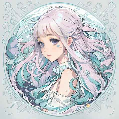 Sticker, Cute anime girl head, Long pink hair,Light blue-purple eyes，dream，White dress，White dress，It is surrounded by the element of water，in circle, White background, Water border，Simple, Ultra detailed, Detailed drawing, vectorised, Silhouette, 8K, prof...