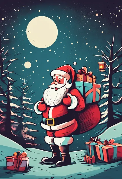 A Santa Claus who is giving presents, night, cartoon illustration style, vintage tones, Christmas tree