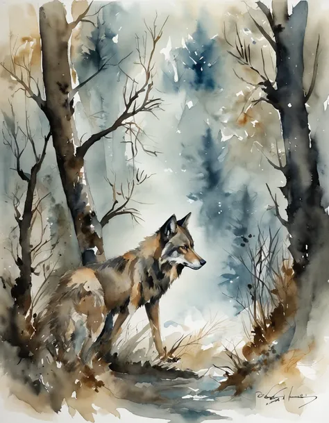 Um lobo selvagem, his fierce and indomitable behavior, rondando uma floresta iluminada pela lua. The atmosphere is tinged with a sinister bluish glow, casting elongated shadows as the wolf moves discreetly. The forest is rendered in a surrealist style, wit...