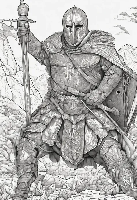 Obra prima, melho qualidade, arte para colorir, Barbaro medieval, Musculoso, Cabelos compridos, Berserk, sem armadura, segurando uma espada super detalhada, cabo da espada com muitos detalhes, armadura detalhada, guerreiro de corpo inteiro, walking towards...