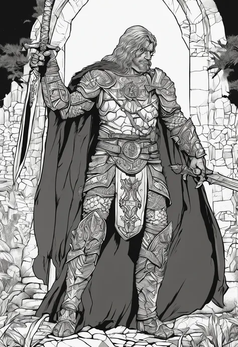 Obra prima, melho qualidade, arte para colorir, Barbaro medieval, Musculoso, Cabelos compridos, Berserk, sem armadura, segurando uma espada super detalhada, cabo da espada com muitos detalhes, armadura detalhada, guerreiro de corpo inteiro, walking towards...