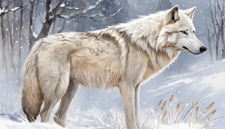 "Majestic white wolf standing in snow-covered landscape, Libere uma aura de beleza e poder."