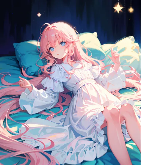 Long light pink slightly curly hair, bright light blue eyes, Star-like pupils, Lying on bed in a lazy nightdress