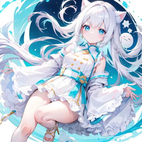 White clothes，Hu Hu is a very cute face，This is a cute sweet girl，Cyan eyes，bit girl，Poor milk，White color hair