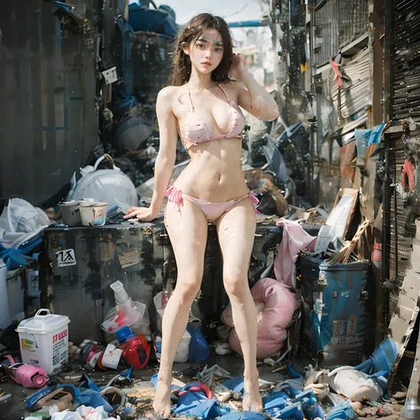 Garbage heap scene (1:4), Best Quality, Full Body Portrait (1:1), Delicate Face, 18-year-old girl, slim slender figure, skinny, smaller bust, pink, torn transparent bikini, looming, panties to crotch, barefoot, garbage (7:1), sweat (5:1), white viscous liq...