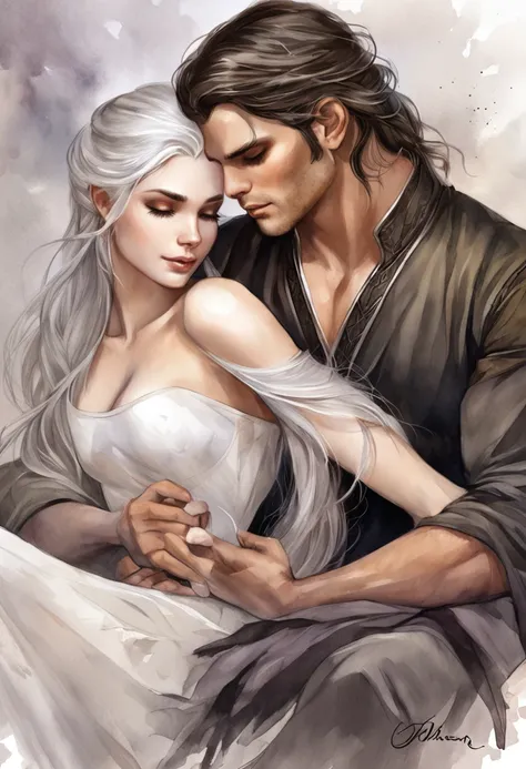 Drawing of a man and a woman, Elf girl with silver hair, An elf with long black hair, Hand detailing, Finger detailing, Face detailing, Sitting on the bed, charlie bowater and artgeem, He holds her in his arms, While she sleeps, inspired by Magali Villeneu...