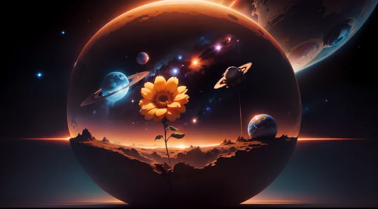 a flower growing in outer space, with planets, galaxies and spaceships behind it, Negative Space, Realistic