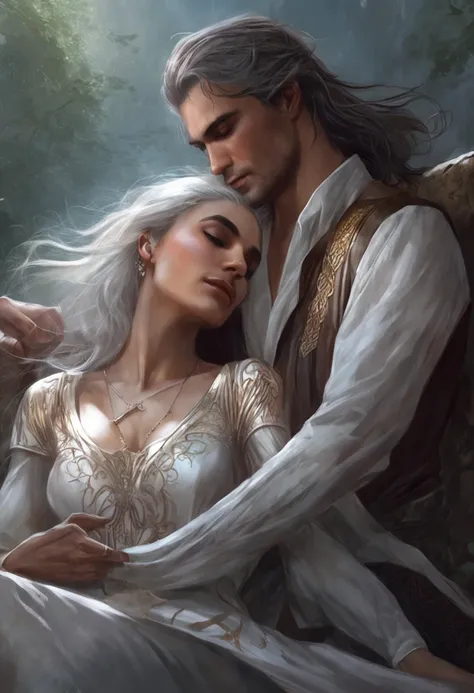 Drawing of a man and a woman, Elf girl with silver hair, An elf with long black hair, Hand detailing, Finger detailing, Face detailing, Sitting on the bed, charlie bowater and artgeem, He holds her in his arms, While she sleeps, inspired by Magali Villeneu...