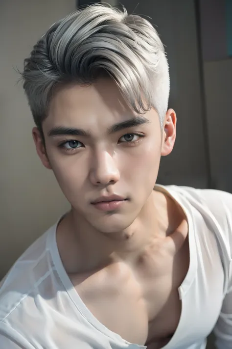 tmasterpiece、Need、photorealestic、1man、malefocus、young、tall muscular、Handsome、【thick eyebrow】、portrait、Extremely detailed face、gray-white hair、（short detailed hair）