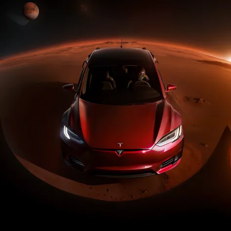 (Tesla Model S:1.2, red car, floating in space, cinematic shot, futuristic, ultra HD 8K, dark, Earth in background, Mars in distance)