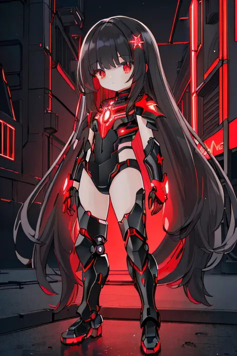 (((Masterpiece))), (((Best quality))), ((Ultra-detailed)), (Looks to the side), (High-tech exoskeleton armor), (small loli, Standing alone), (Red and black hair, Long hair, Flowing hair), (Red eyes, Glowing eyes, Star pupils), (megacity, Neon lights), (cyb...