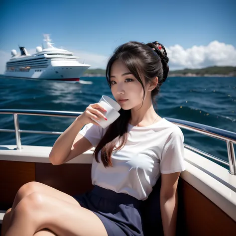 Woman sitting on boat drinking coffee, On a boat, queen of the sea mu yanling, Photo taken with Sony A7R, taken with sony alpha 9, Portrait of the Royal Princess, real photoshoot queen of oceans, relaxing on a yacht at sea, On the sea, shot on leica sl2, s...