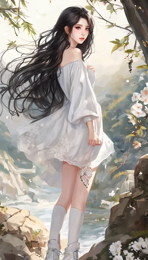 ((looking back)), ((full body)), ((realistic)), ((from behind, from below)), (((off shoulder clothes))), Beautiful young girl, Beautiful Korean model, Nice face, Beautiful hair accessories, White boots, shyexpression, Long black hair, curlies, 耳Nipple Ring...