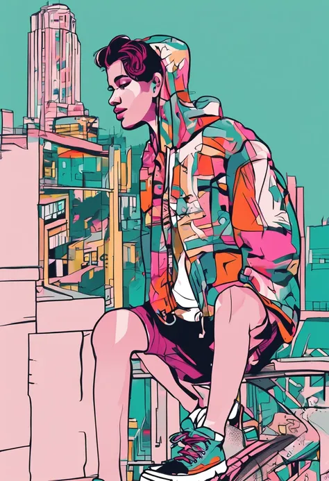 1 garota, arte vetorial, cores planas, pop art, padronizar, city backdrop, moletom, shorts, sneaker, bobcut, corpo inteiro, pose, agachamento, lofi color, (hyper lofi), (obra-prima , melhor qualidade: 1.5)