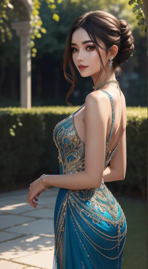 ((masterpiece)),((best quality)),((high details)),((realistic)), waist length photo of a beautiful girl wearing blue Glamorous Evening Gown, (elaborate embellishments, intricate beading, sequins and embroidery dress), Elegant updo with soft tendrils hair, ...