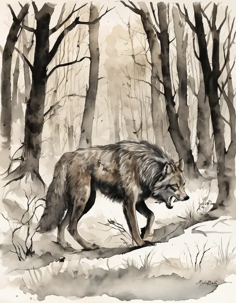 Um lobo selvagem, his fierce and indomitable behavior, rondando uma floresta iluminada pela lua. The atmosphere is tinged with a sinister bluish glow, projetando sombras alongadas enquanto o lobo se move discretamente. The forest is rendered in a surrealis...