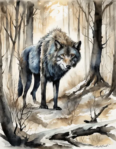 Um lobo selvagem, his fierce and indomitable behavior, rondando uma floresta iluminada pela lua. The atmosphere is tinged with a sinister bluish glow, projetando sombras alongadas enquanto o lobo se move discretamente. The forest is rendered in a surrealis...