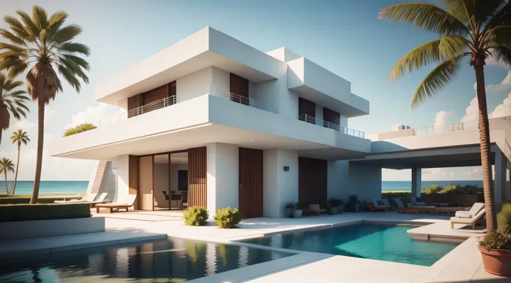 hyper realistic vray render, exterior and wide angle view, a contemporary luxury modern hotel made of white concrete, inspired by frank lloyd wright, sandy beaches with palm trees