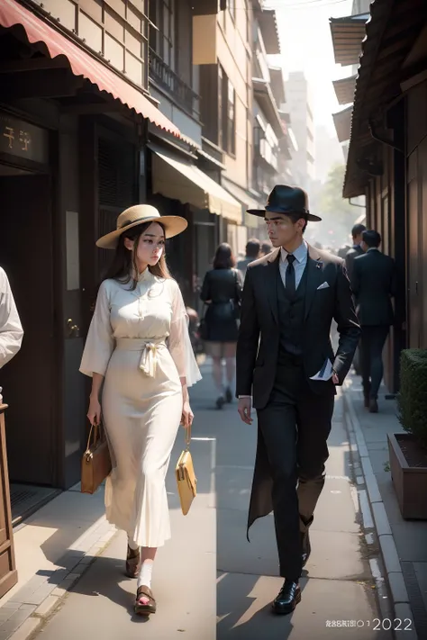 Ad photos with a mix of two different date ranges、Time travel advertising photos taken from different angles、2023 Young Female Model Integrates into 1945 Tokyo Landscape、In the background, Many have been walking since 1945、In the bustling heart of Tokyo, A...