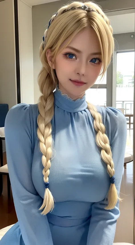 Female((35yo)), Hair((Wavy, Blonde)), Eyes((Smart eyes, Blue eyes)), clothes((High neck clothes, Pattern, cream-colored)), Accessories ((Hair ornaments)), pony tails, Bigboobs, gigantic cleavage breasts, Korean makeup, Smiling, An amusement park, fountain,