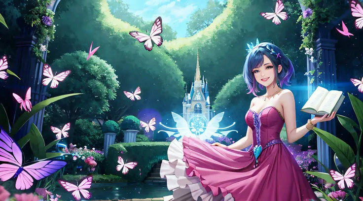 Beautiful girl smiling in a dress in a lovely garden setting with fairies and butterflies holding a book facing a magical portal, estilo cyberpunk, estilo disney, alta qualidade, 4k