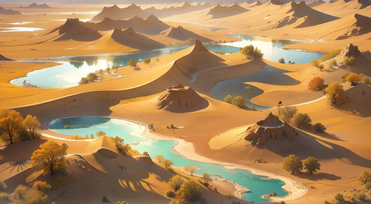 Endless desert，（There is water in the middle of the desert，Small lake，Close-up），The lake is surrounded by desert，There are two palm trees by the lake，There are two birds on the surface of the lake，The desert is filled with hot air，There is a cloud，The sun ...